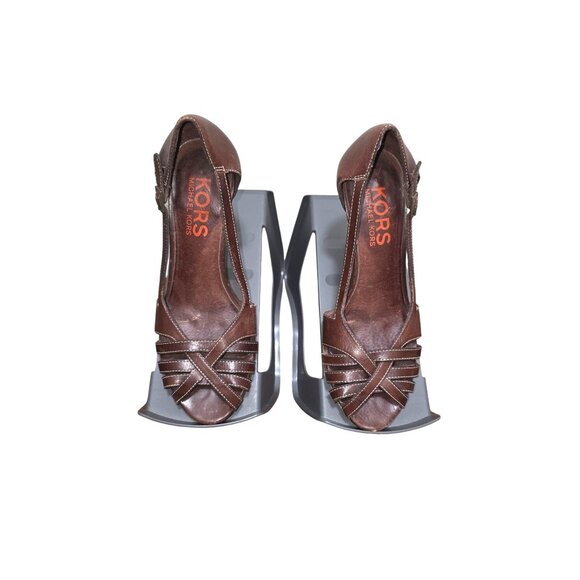 Michael Kors Women's Brown Strappy Leather Peep-Toe Heels Buckle Closure Size 7 - Picture 1 of 9